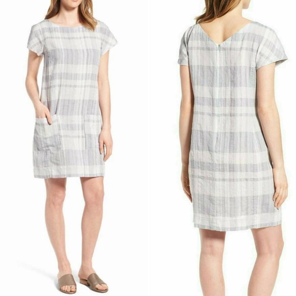 Eileen Fisher Plaid Linen Shift Dress, S